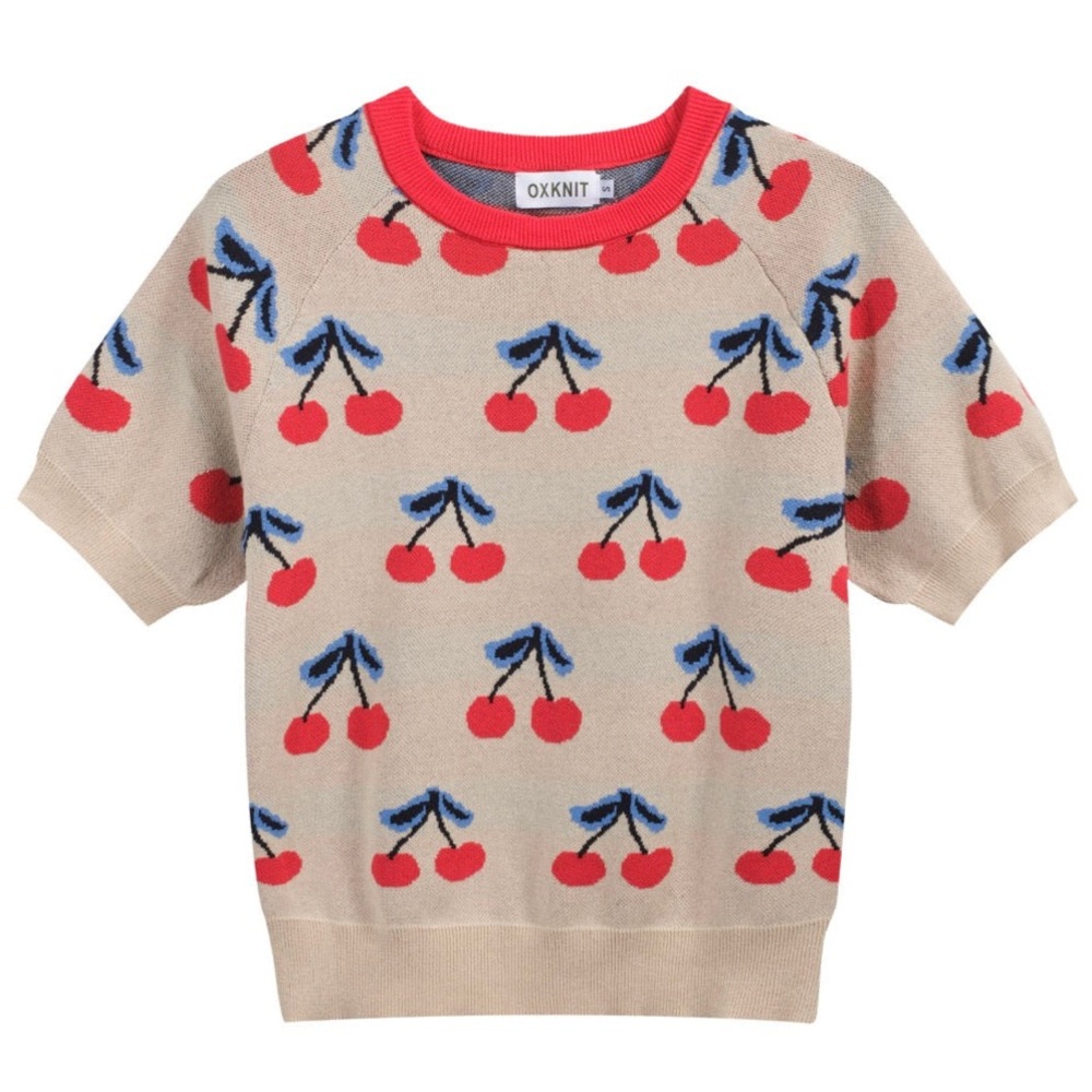 WOMEN’S 70S BEIGE CHERRY KNIT TEE – RETRO FRUIT PRINT TOP-CROPPED LENGTH